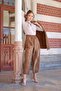 Halter Neck Cream Floor Brown Floral Poplin Blouse - 3