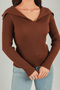 Brown Women's Turn-Down Collar Ribbed Lycra Knitwear Blouse - 6
