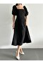 Short Balloon Sleeve Square Neck Pleated Long Dress - 3
