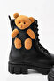 Girl's Anatomical Black Boots - Thick Sole with Teddy Bear Accessories and Laces - 5