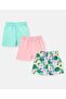 Cotton Elastane All Over Print & Solid Shorts Pack of 3 - Blue Pink & Green