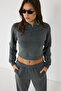 Anthracite Crop Zippered Sweatshirt - 2