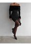 Madonna Collar Side Back Drawstring Neckline Sleeve Fur Detail Long Sleeve Mini Length Diver Fabric Dress - 4