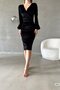 Women's Velvet Fabric Double Breasted Neck Balloon Sleeve and Slit Detail Midi Length Dress - 2