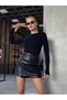 Women's Black Faux Leather Miniskirt with Shorts Hzl25W-Zk11161 - 5