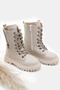 Girl's Beige Leather Thermo Sole Side Zipper Stone Detailed Lace up and Zippered Boots - 3