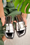 Women's Daily Comfortable Shiny Platinum Gold Buckle Thin Sole Beach Slippers