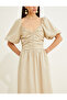 Long Poplin Dress Balloon Sleeve Draped V-Neck Cotton - 5