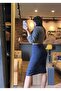Gathered Polyester Knitted Fabric Navy Blue Skirt with Slits - 2