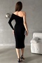 Black Stretchy Sandy Fabric Single Sleeve Detail Drawstring Design Midi Dress 582736 - 3