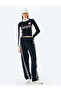 Zipper Detailed Printed Long Sleeve Stand Collar T-Shirt