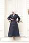 Seasonal Premium Double-Breasted Collar Lined Long Women's Hijab Trench Coat Navy Blue - 5