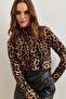 Women's Large Leopard Camel Piece Stand Collar Lycra Crop Blouse Blz- 19002398 - 5