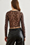 Women's Black Front Lined Crop Leopard Tulle Blouse Blz- 19002790 - 6