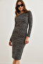 Women's Black Tiny Print Boat Neck Knitted Mini Dress Elb- 19002316 - 3