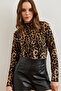 Women's Large Leopard Camel Piece Stand Collar Lycra Crop Blouse Blz- 19002398 - 3