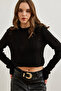Women's Black Wave Knitted Crop Sweater Kzk-19000822 - 3