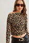 Women's Beige Boat Neck Corded Leopard Crop Blouse Blz- 19002789