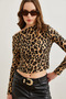 Women's Beige Boat Neck Corded Leopard Crop Blouse Blz- 19002789 - 4