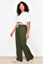 Haki Esnek Belli Wide Leg/Geniş Kesim Dokuma Kumaş Pantolon TBBSS24AR00014