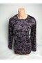 Women's Lilac Print Crew Neck Long Sleeve Seasonal Lizy Mother Combed Cotton T-shirt Blouse with Slits on the Sides