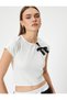 Bow T-Shirt Crop Short Sleeve Crew Neck Cotton