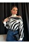 Cream Women's Off-Shoulder Zebra Patterned Knitwear Blouse - 2