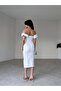 Women's White Pencil Low-Shoulder Ruffle Detailed Midi Dress - 3