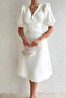 Women's White V-Neck Balloon Sleeve Button Detailed Midi Dress - 2