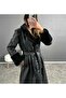 Women's Collar and Cuffs Sharped Long Leather Trench Coat - Black - 5