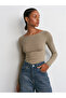 31332 Boat Neck Long Sleeve Top-Khaki - 3