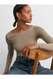 31332 Boat Neck Long Sleeve Top-Khaki