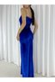 Women's Strappy Detailed Long Slit Evening Velvet Dress Cobalt Bluemavii - 8