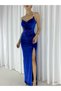 Women's Strappy Detailed Long Slit Evening Velvet Dress Cobalt Bluemavii - 7