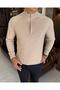 Italian Style Slim Fit Men's Half Turtleneck Zippered Knitwear Sweater Beige T13107 - 3