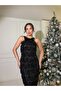Women's Black Imported Sequin Sequin Fabric Lined Back Low-Cut and Slit Bow Detail Designer Dress - 7