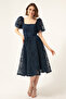 Women's Navy Blue Balloon Sleeve Silvery Midi Evening Dress - 3