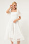 Women's White Balloon Sleeve Silvery Midi Evening Dress