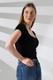 Square Collar Lycra Ribbed Fabric Women's T-Shirt 21804 Black - 2