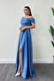 Ruched Satin Fabric Strappy Evening Dress - INDIGO BLUE - 2