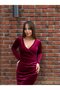 Women's Long Sleeve Double Breasted Neckline Waist Drawstring Detail Midi Velvet Dress - 5