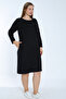 Women's Black Plus Size Long-Sleeved Cotton Dress with Stone Detailed Pockets - 4