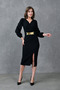 Women's Mirror Belted Flexible Crepe Fabric Slit Short Sleeve Midi Length Double Breasted Black Evening Dress 074 - 5