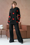 Low Sleeve Crew Neck Heart Print Sweatshirt and High Waist Pants Bottom Top Black Knitwear Suit 3114 - 2