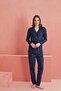 Navy Blue Star Patterned Front Buttoned Suede Pajama Set - 2