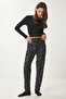 Patterned Soft Textured Knitted Pajama Bottom Black Ecru Lce0002 - 2