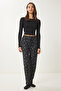 Patterned Soft Textured Knitted Pajama Bottom Black Ecru Lce0002 - 3