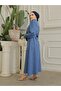 Linen Dress with Stone Collar, Gathered Sleeves and Belt - Indigo - 5