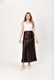 Women's Brown Shiny Satin Bell Skirt with Lycra Elastic Waist, Maxi Length