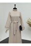 Tied Dress with Rhinestone Feather Detail on Collar and Sleeves -Beige - 2